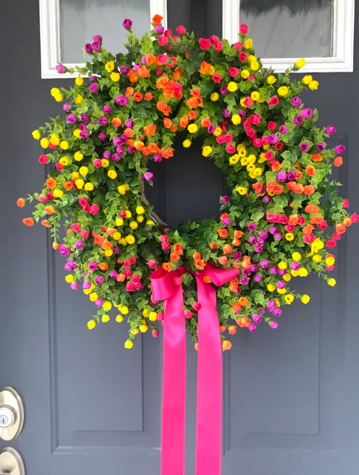 Multicolored Spring Summer Wreath with Pink Bow - 21" Size
